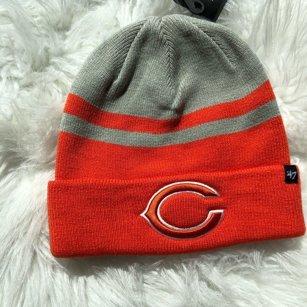 47 Brand Chicago Bears NFL Knit‎ Beanie Hat Orange Grey Striped Cuffed OSFA NEW